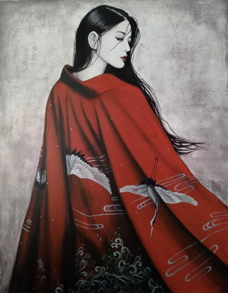 Red kimono. Silver crane