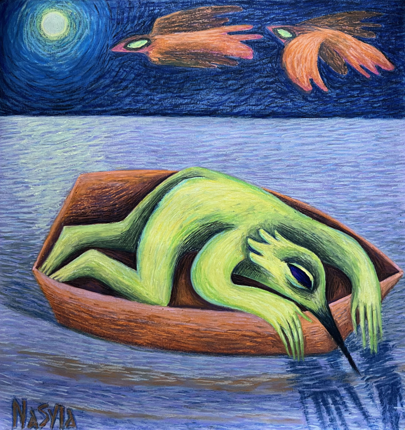 Птахолюд дивиться у своє відображення